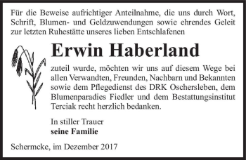 Traueranzeige von Erwin Haberland  von Magdeburger Volksstimme