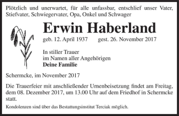 Traueranzeige von Erwin Haberland  von Magdeburger Volksstimme