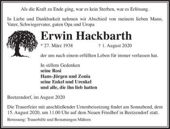 Traueranzeige von Erwin Hackbarth  von Magdeburger Volksstimme