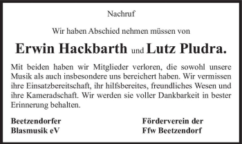 Traueranzeige von Erwin Hackbarth und Lutz Pludra  von Magdeburger Volksstimme