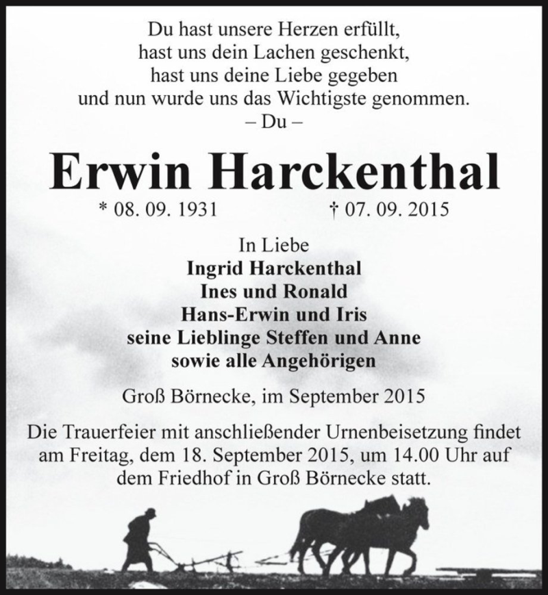  Traueranzeige für Erwin Harckenthal  vom 09.09.2015 aus Magdeburger Volksstimme