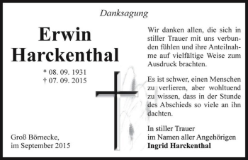 Traueranzeige von Erwin Harckenthal  von Magdeburger Volksstimme