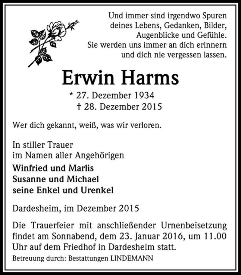  Traueranzeige für Erwin Harms  vom 09.01.2016 aus Magdeburger Volksstimme