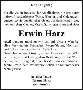 Traueranzeige von Erwin Harz  von Magdeburger Volksstimme