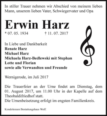 Traueranzeige von Erwin Harz  von Magdeburger Volksstimme