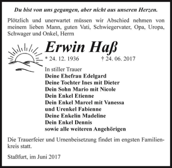Traueranzeige von Erwin Haß  von Magdeburger Volksstimme