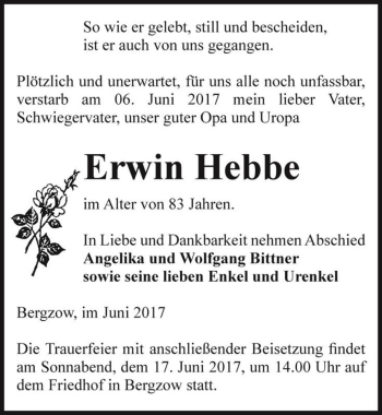 Traueranzeige von Erwin Hebbe  von Magdeburger Volksstimme