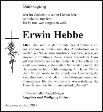 Traueranzeige von Erwin Hebbe  von Magdeburger Volksstimme