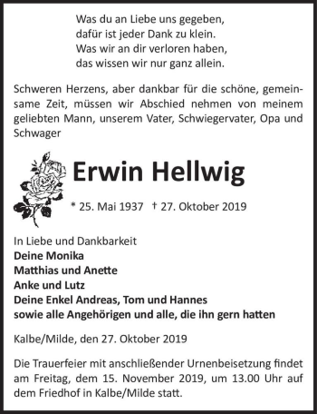 Traueranzeige von Erwin Hellwig  von Magdeburger Volksstimme