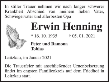 Traueranzeige von Erwin Henning  von Magdeburger Volksstimme