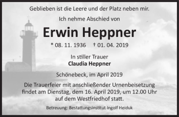 Traueranzeige von Erwin Heppner  von Magdeburger Volksstimme