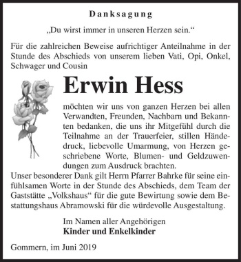 Traueranzeige von Erwin Hess  von Magdeburger Volksstimme