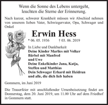 Traueranzeige von Erwin Hess  von Magdeburger Volksstimme