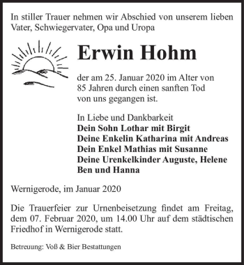 Traueranzeige von Erwin Hohm  von Magdeburger Volksstimme