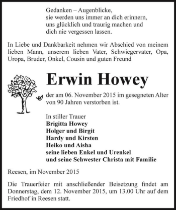 Traueranzeige von Erwin Howey  von Magdeburger Volksstimme