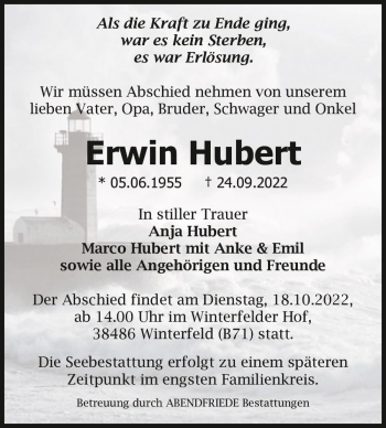Traueranzeige von Erwin Hubert  von Magdeburger Volksstimme