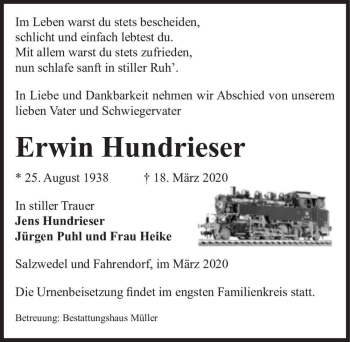 Traueranzeige von Erwin Hundrieser  von Magdeburger Volksstimme