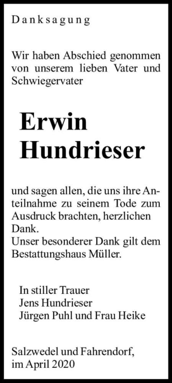 Traueranzeige von Erwin Hundrieser  von Magdeburger Volksstimme