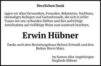 Traueranzeige von Erwin Hübner  von Magdeburger Volksstimme