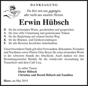 Traueranzeige von Erwin Hübsch  von Magdeburger Volksstimme