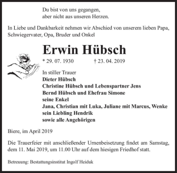Traueranzeige von Erwin Hübsch  von Magdeburger Volksstimme