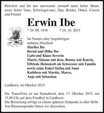Traueranzeige von Erwin Ibe  von Magdeburger Volksstimme