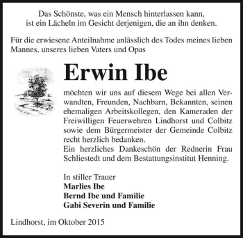 Traueranzeige von Erwin Ibe  von Magdeburger Volksstimme