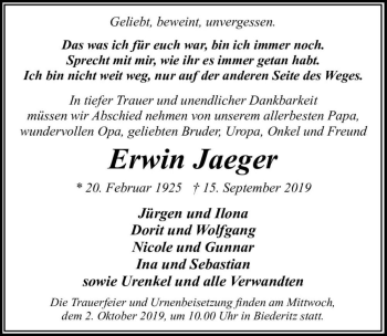 Traueranzeige von Erwin Jaeger  von Magdeburger Volksstimme