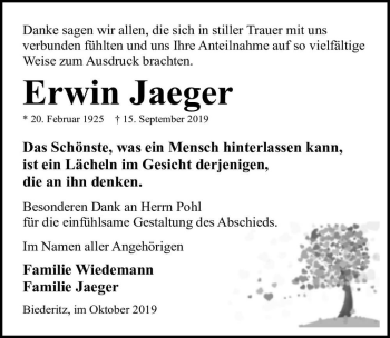 Traueranzeige von Erwin Jaeger  von Magdeburger Volksstimme