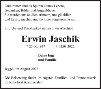 Traueranzeige von Erwin Jaschik  von Magdeburger Volksstimme