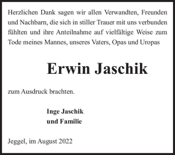 Traueranzeige von Erwin Jaschik  von Magdeburger Volksstimme