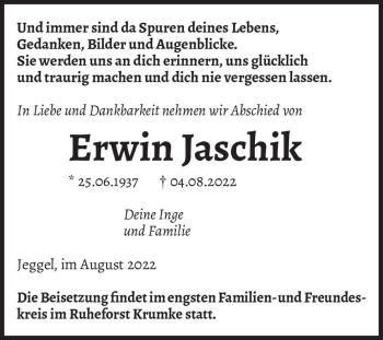 Traueranzeige von Erwin Jaschik  von Magdeburger Volksstimme