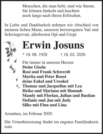 Traueranzeige von Erwin Josuns  von Magdeburger Volksstimme