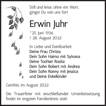 Traueranzeige von Erwin Juhr  von Magdeburger Volksstimme