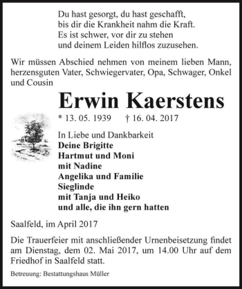 Traueranzeige von Erwin Kaerstens  von Magdeburger Volksstimme