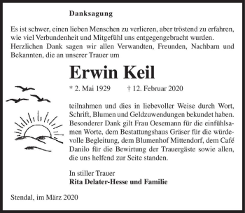 Traueranzeige von Erwin Keil  von Magdeburger Volksstimme