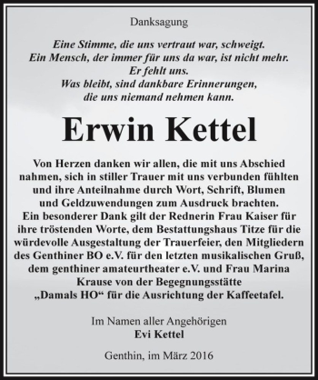 Traueranzeige von Erwin Kettel  von Magdeburger Volksstimme