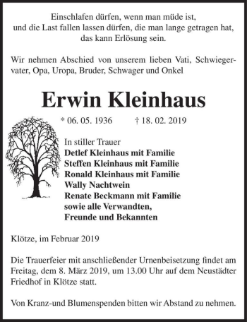 Traueranzeige von Erwin Kleinhaus  von Magdeburger Volksstimme
