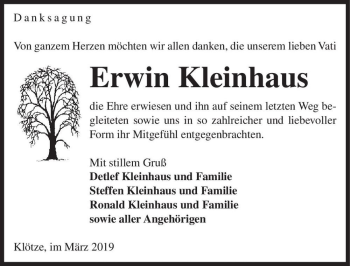 Traueranzeige von Erwin Kleinhaus  von Magdeburger Volksstimme