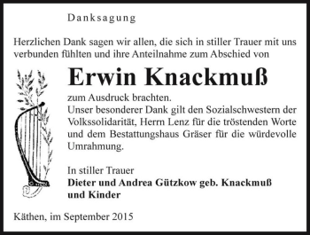 Traueranzeige von Erwin Knackmuß  von Magdeburger Volksstimme