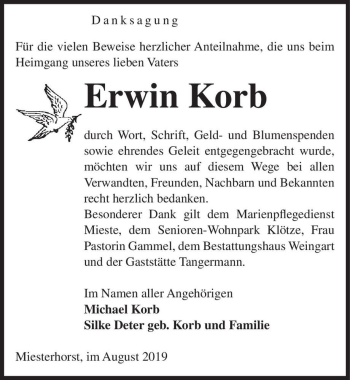 Traueranzeige von Erwin Korb  von Magdeburger Volksstimme