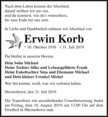 Traueranzeige von Erwin Korb  von Magdeburger Volksstimme
