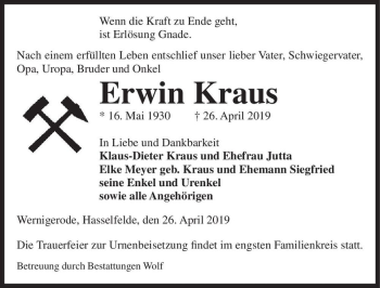 Traueranzeige von Erwin Kraus  von Magdeburger Volksstimme