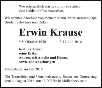 Traueranzeige von Erwin Krause  von Magdeburger Volksstimme