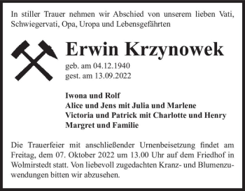 Traueranzeige von Erwin Krzynowek  von Magdeburger Volksstimme