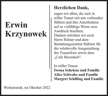 Traueranzeige von Erwin Krzynowek  von Magdeburger Volksstimme