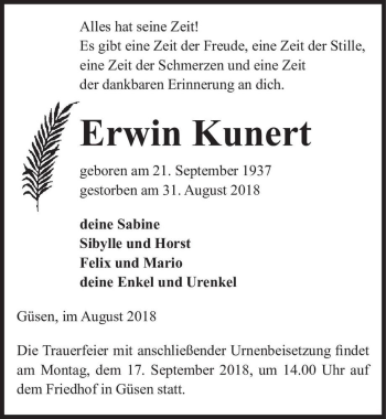 Traueranzeige von Erwin Kunert  von Magdeburger Volksstimme