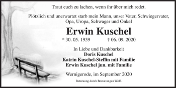 Traueranzeige von Erwin Kuschel  von Magdeburger Volksstimme