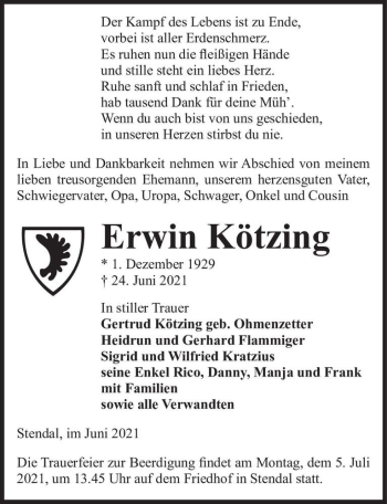 Traueranzeige von Erwin Kötzing  von Magdeburger Volksstimme