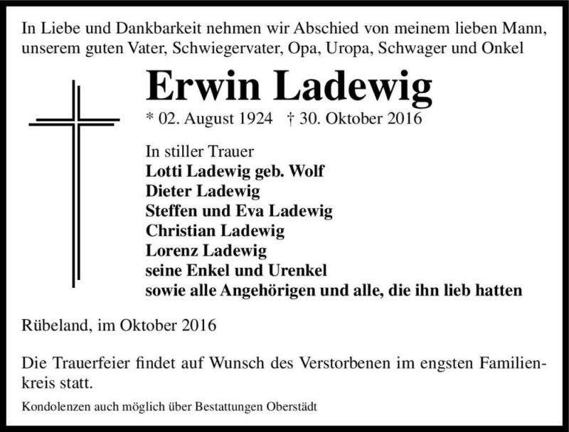  Traueranzeige für Erwin Ladewig  vom 05.11.2016 aus Magdeburger Volksstimme
